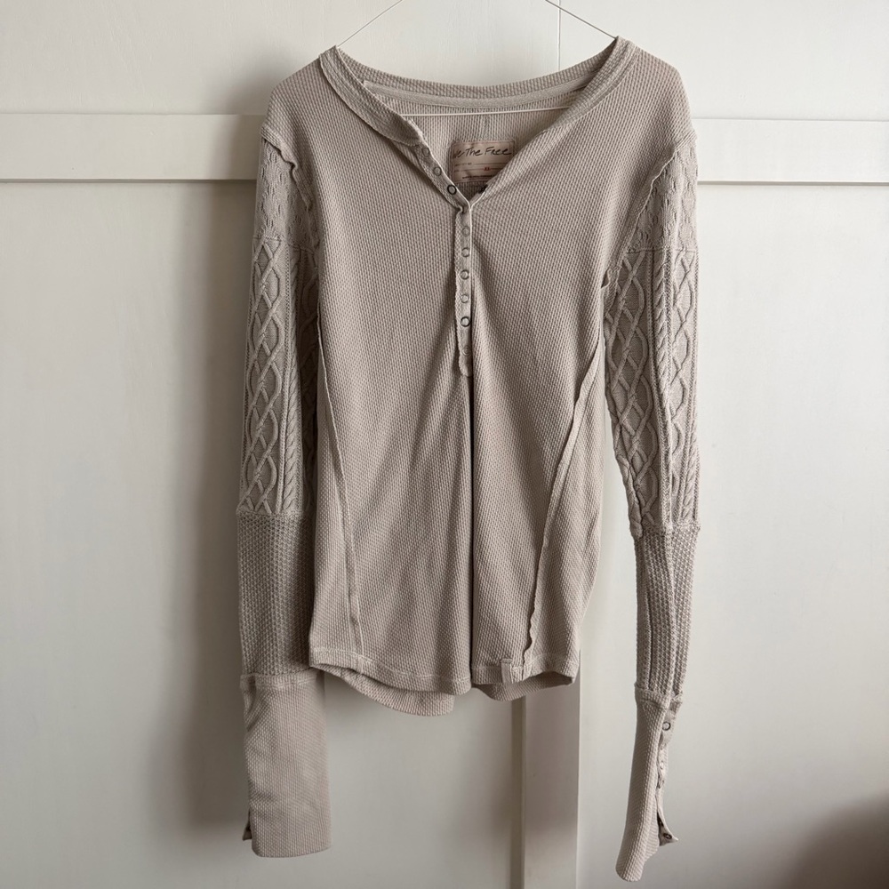 We The Free Twisted Cable Cuff Thermal Long Sleeve Henley Top Beige Sz XL